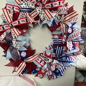 Patriotic Baseball Holiday Wreath - Red, Blue, White